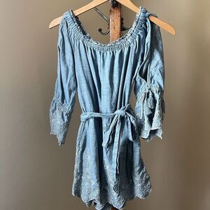 American Eagle Off-the-Shoulder Embroidered Romper Denim Chambray Long Sleeve XS